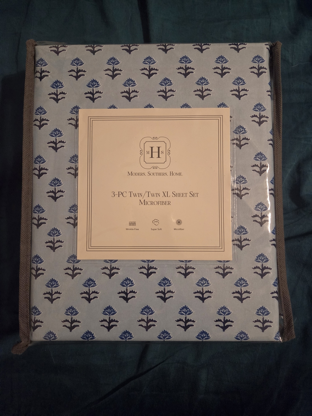 belk Light Blue and Navy Floral Microfiber Sheet Set - 3 Piece